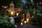 garden with lanterns, candles, and fresh blooms for warm and peaceful atmosphere