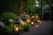 garden with lanterns, candles, and fresh blooms for warm and peaceful atmosphere