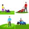 Garden lawnmower banner set, flat style