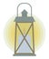 Garden metal lantern with handle with wooden lattice and glass with light blue candle with yellow circles of light isolated on whi