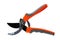 Garden metal pruner with plastic orange handles, insulated on a white background