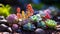 Garden of miniature cactus. Close-up of colorful miniature succulents cacti garden in blurred background. AI generated.