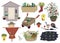 Garden objects collection. Garden house, flower pots, garden cart, plants, birdhouses, scarecrow, basket. Design elements set.