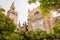 Garden with orange trees around 16th century Sevilla Cathedral in Andalusia, Spain