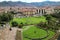 Garden Outside Coricancha Temple in Cusco of Peru, with the Symbol of Inca Mythology of Condor, Puma and Snake