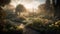 Garden or park with flowers and trees in early morning mist, AI generative