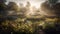Garden or park with flowers and trees in early morning mist, AI generative