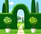 Garden, Park, green arch, trees are blooming, coloured illustrations./