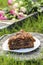 Garden party. Chocolate cake on wicker tray