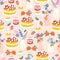 Garden party seamless vector pattern pink. Summer party table Strawberry cake, wine cocktail, vase with flowers and