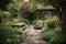 garden path, leading to a serene garden retreat, with water feature and stone bench