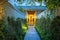 Garden path in resort with warm light and trees on side at evening, Garden Decoration