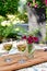 Garden patio summer afternoon relaxation with wine and picnic