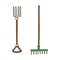 Garden pitchfork and rake. Doodle vector illustration on white background.