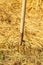 Garden pitchfork stuck in the ground near a haystack