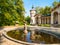 Garden pond with small statue at Orangerie of Sychrov Castle, Czech Republic