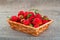 Garden Ripe bright red strawberries fruits. Large juicy strawberries in wicker basket on rustic burlap fabrics background.