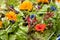 Garden salad with eatable flowers