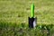 Garden scoop with green handle on the grass