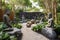 a garden with sculptures and plants, creating a peaceful and serene atmosphere