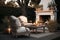 garden set with armchair and table wooden candle holders on the floor, outdoor fireplace, generative Ai