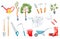 Garden set. Set of various agricultural tools for garden care, colorful vector flat illustration. Gardening elements