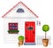 Garden shed with red door, fence and floral decor.