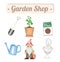 Garden shop object with shovel tree plant fertilizer watering can gnome and garden decorative statue