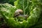 Garden snail sitting on cabbage eating fresh plants in the garden, harmful pests