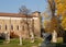 Garden with statues and sculptures Fanco the Scrovegni Chapel in Padua in the Veneto region between heaven and color of leaves &#x