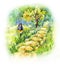 Garden stone path with lantern. Summer watercolor illustration