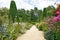 Garden stone pathway, summer flowers in bloom, conifers, shrubs, tall trees