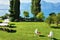 Garden and sunbeds at Geneva Lake in Montreux Swiss Riviera