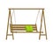 Garden swing bench. Classic outdoor garden wooden hanging furniture with green pillow. Wooden porch swing hanging on