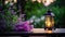 Garden table with lavender decoration and lantern