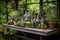 garden table with various homemade gin bottles