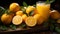 From Garden to Glass: Oranges and Orange Juice Served on Wooden Tray