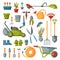 Garden tool gardening equipment rake or shovel and lawnmower of gardener farm collection or farming set illustration