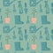 Garden tool seamless pattern. Watering, shovel, plant silhouettes in stylized artwork. Turquoise and blue tones palette