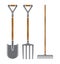 Garden tool spade, pitchfork and rake vector icons