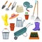 Garden tool vector gardening equipment rake or shovel and lawnmower of gardener farm collection or farming set