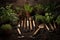 garden tools arranged on soil with plant seedlings nearby