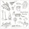 Garden tools doodle set. Various equipment and facilities for gardening and agriculture.