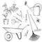 Garden tools set. Gardening plant, watering can, wheelbarrow, ra