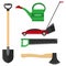 Garden tools. A shovel, a polivalka, a hacksaw, a lawn mower and an ax.