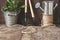 Garden tools, shovel, rake, watering can, bucket, tablets for pl