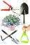 Garden tools, shovels, watering can and rake isolated on white . Collage. Vertical photo