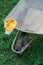 Garden tools, wheelbarrow and yellow gloves. gardening tools. Works outdoors in spring and spring yard cleaning concept.