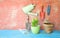 garden tools, young plants,gardening in the springtime, panoramic format