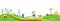 Garden vertical landscape panorama. Spring illustration in hand drawn doodle style with flowers, work tools, garden